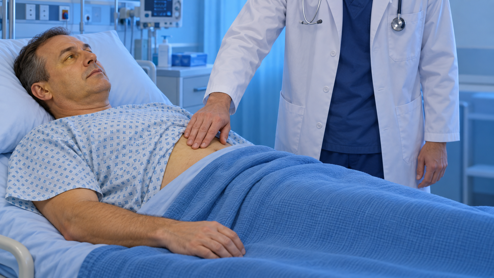 Pessoa adulta fictícia em decúbito dorsal, com discreta tonalidade ictérica, durante palpação subcostal suave; roupas e lençol cobrem as demais regiões.