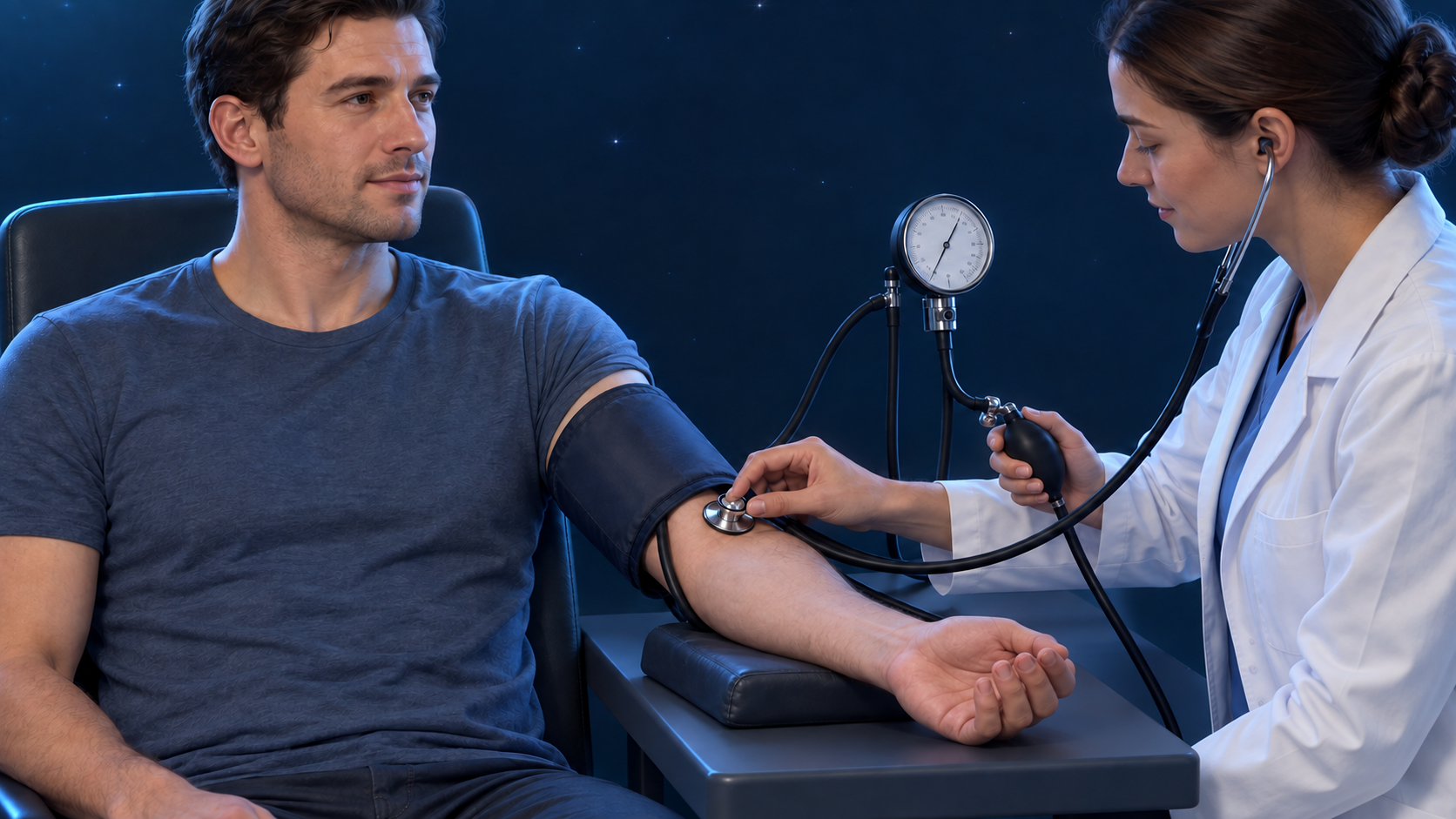 Medida auscultatória da pressão arterial com braço apoiado e manguito no braço.