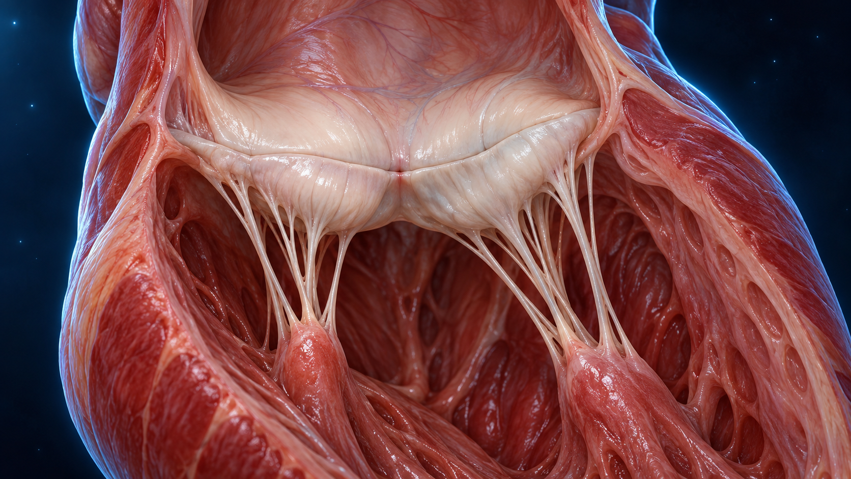 Aparelho mitral com folhetos coaptados e cordas ligadas aos músculos papilares.