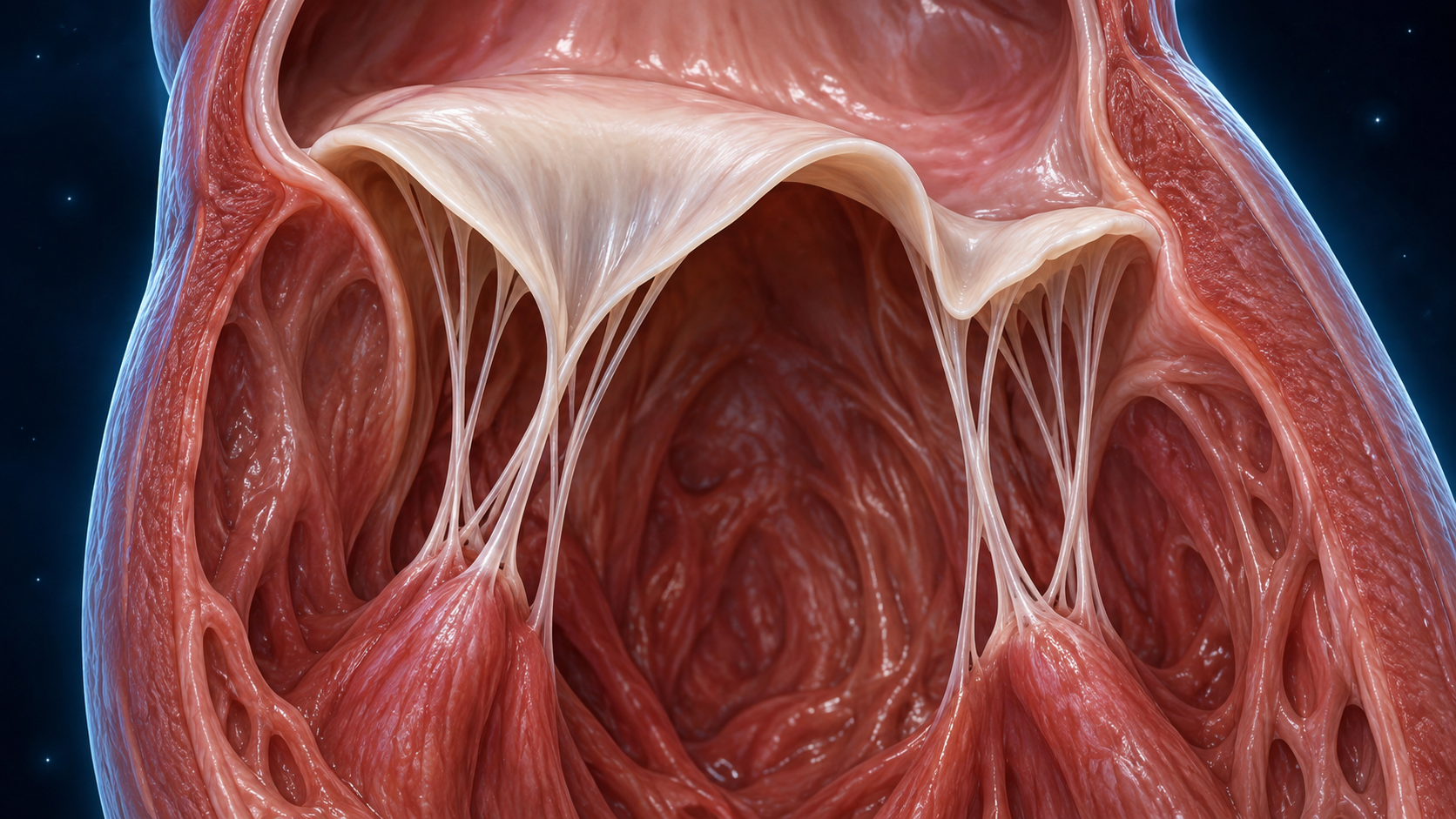 Aparelho mitral com abertura entre os folhetos e cordas tendíneas preservadas.