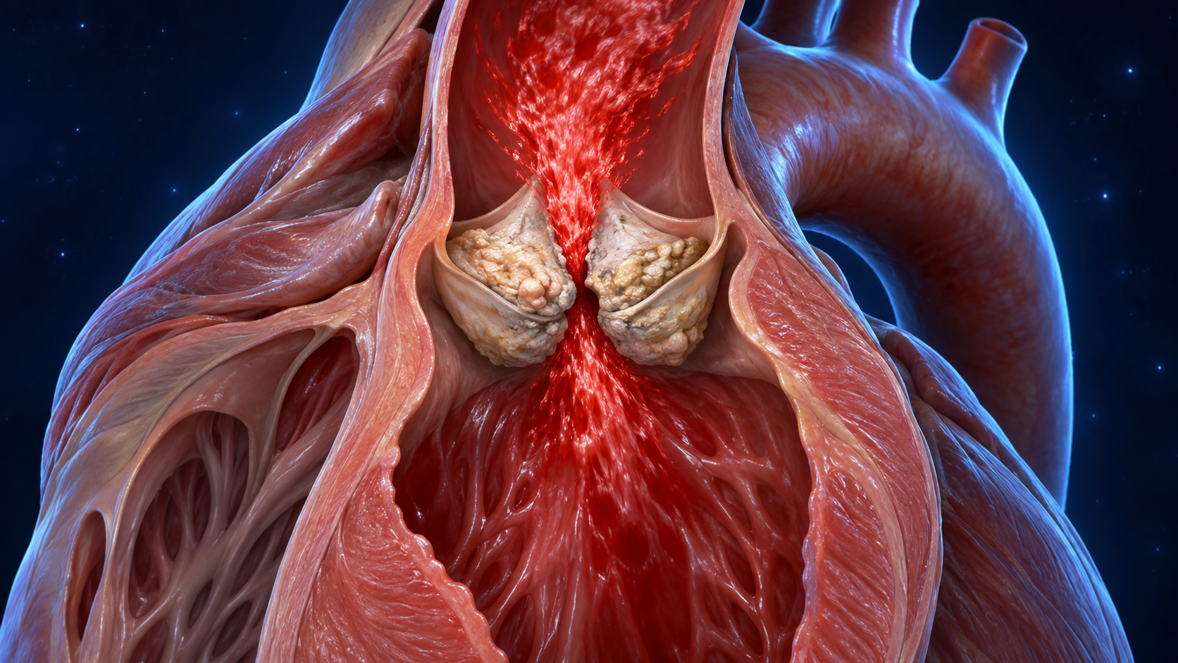 Valva aórtica calcificada e estreitada com fluxo esquemático atravessando o orifício.