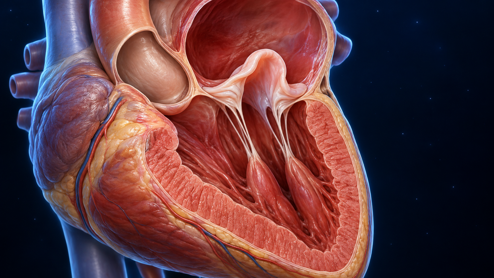 Folheto mitral abaulado em direção ao átrio, conectado às cordas tendíneas.