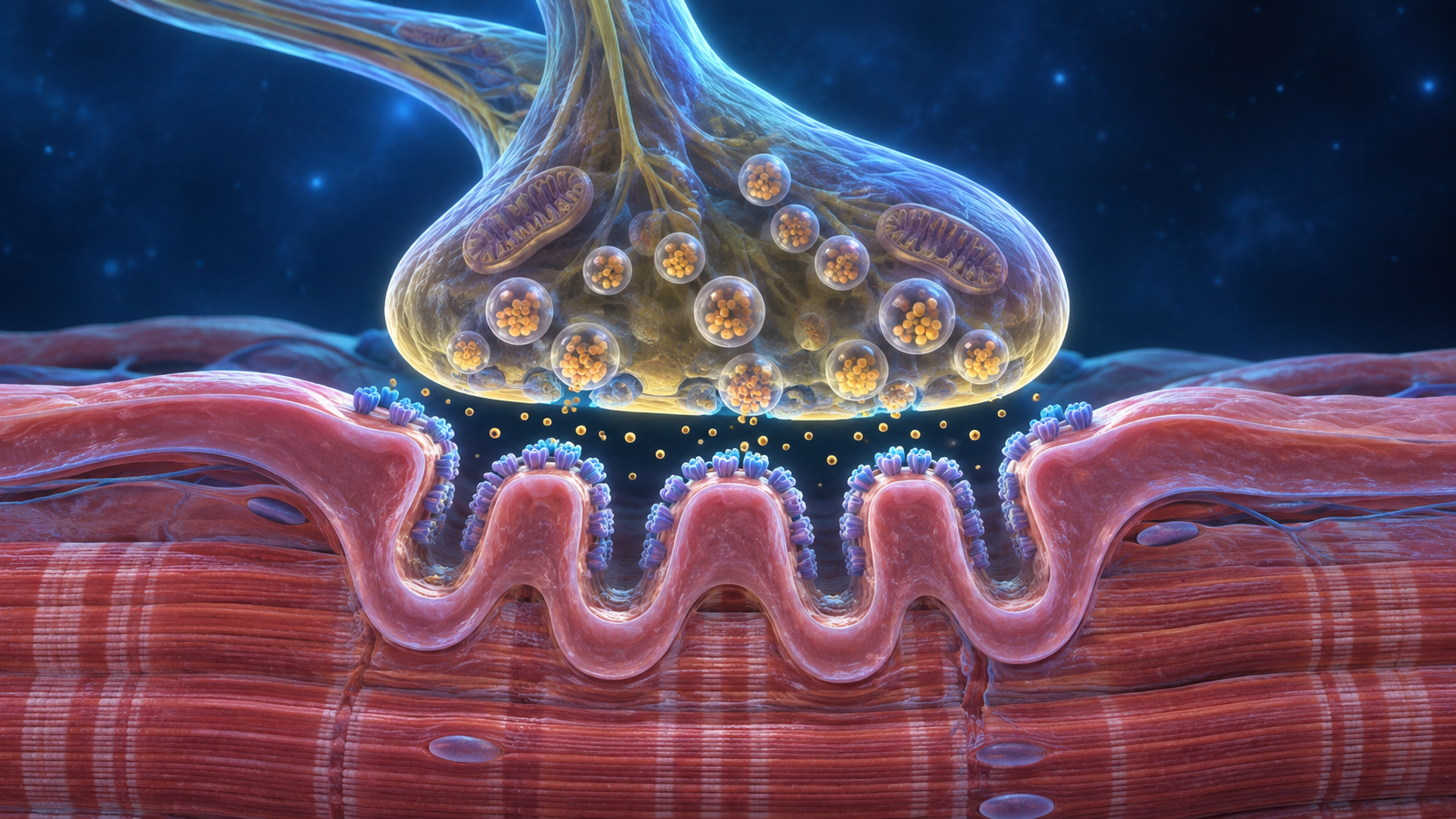 Terminal nervoso, vesículas e receptores em uma junção neuromuscular ampliada.