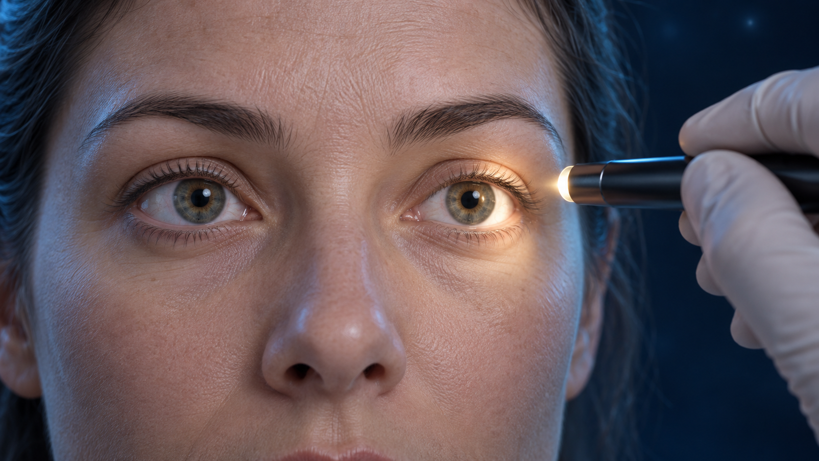 Pessoa com os olhos abertos enquanto uma lanterna ilumina um deles.