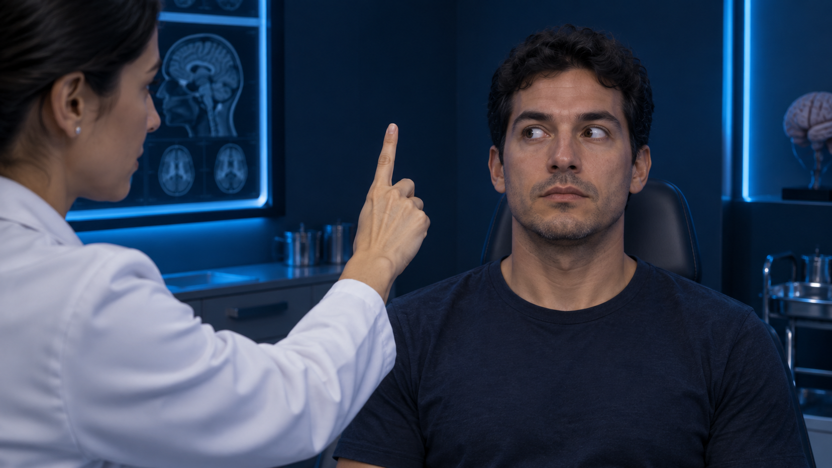 Pessoa acompanha lateralmente o dedo de uma examinadora com os olhos.