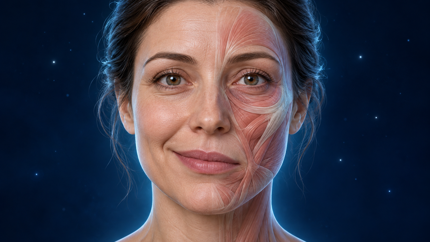 Face com assimetria do sorriso e músculos faciais parcialmente sobrepostos.